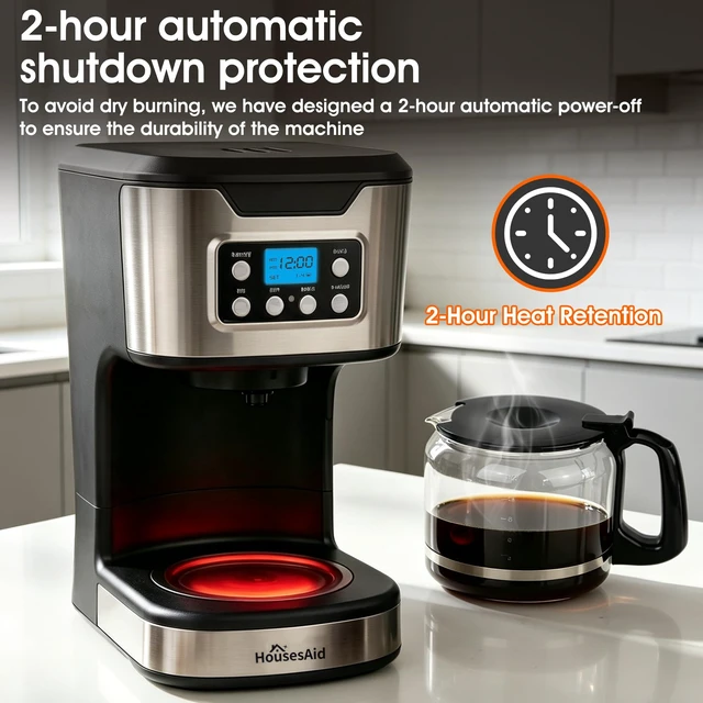 Alt view image 5 of 7 - HousesAid Programmable Coffee Maker 12 Cup Brew & Drip coffee machine, Fully Automatic, 1,4 Cup Setting, Stainless Steel,Keep- Warm Function, Household, Home and Office,Black