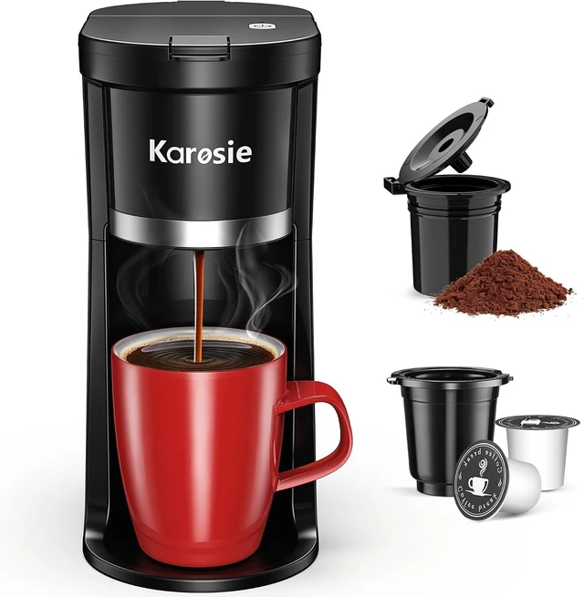 Main image of Karosie Small Single Serve Coffee Maker, Fast Brew for Coffee Pods & Ground Coffee, 6-12 Oz Brew Sizes, One-Button Single Cup Coffee Maker, Coffee Machine with Descaling Reminder,Black