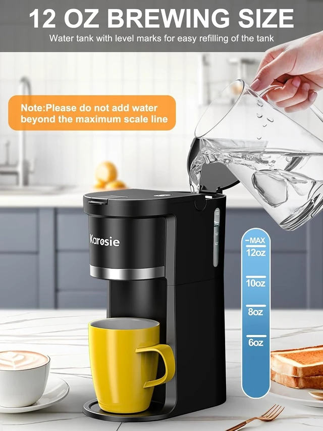 Alt view image 3 of 7 - Karosie Small Single Serve Coffee Maker, Fast Brew for Coffee Pods & Ground Coffee, 6-12 Oz Brew Sizes, One-Button Single Cup Coffee Maker, Coffee Machine with Descaling Reminder,Black