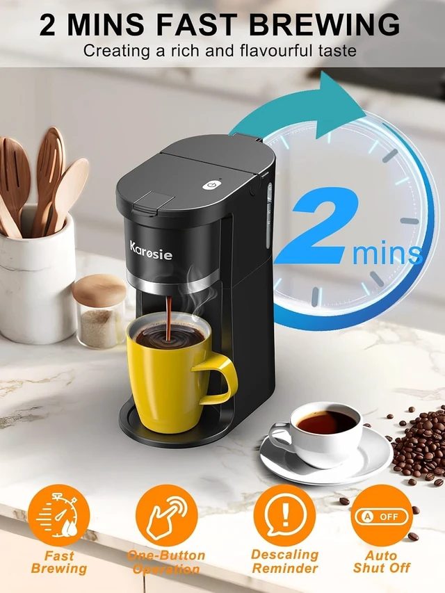 Alt view image 4 of 7 - Karosie Small Single Serve Coffee Maker, Fast Brew for Coffee Pods & Ground Coffee, 6-12 Oz Brew Sizes, One-Button Single Cup Coffee Maker, Coffee Machine with Descaling Reminder,Black