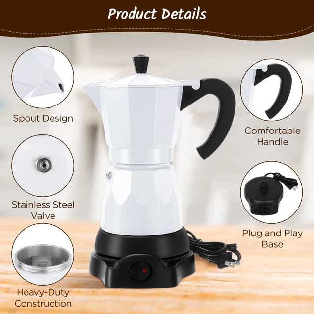 Alt view image 4 of 7 - Lemosae 6 Cup Electric Espresso Coffee Maker 300ml Aluminum,White | Italian Coffee Pot Moka Maker, Portable Detachable Electric Base, Stovetop-free Operation for Home Travel, Holiday Gift