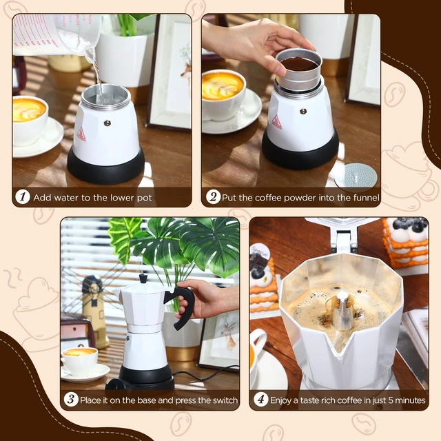 Alt view image 5 of 7 - Lemosae 6 Cup Electric Espresso Coffee Maker 300ml Aluminum,White | Italian Coffee Pot Moka Maker, Portable Detachable Electric Base, Stovetop-free Operation for Home Travel, Holiday Gift