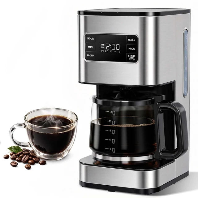 Main image of 12 Cup Drip Coffee Maker Programmable, Regular & Strong, LED Display | Pause & Serve, 2-Hour Keep Warm, Stainless Steel Housing, Heat Resistant Glass Carafe, Auto Shut Off, Reusable Filter, Silver