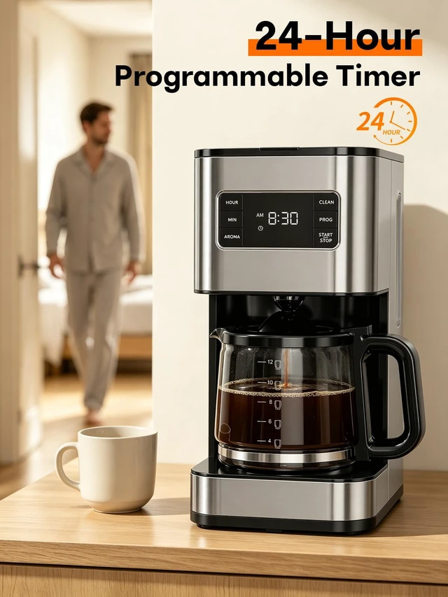 Alt view image 3 of 7 - 12 Cup Drip Coffee Maker Programmable, Regular & Strong, LED Display | Pause & Serve, 2-Hour Keep Warm, Stainless Steel Housing, Heat Resistant Glass Carafe, Auto Shut Off, Reusable Filter, Silver