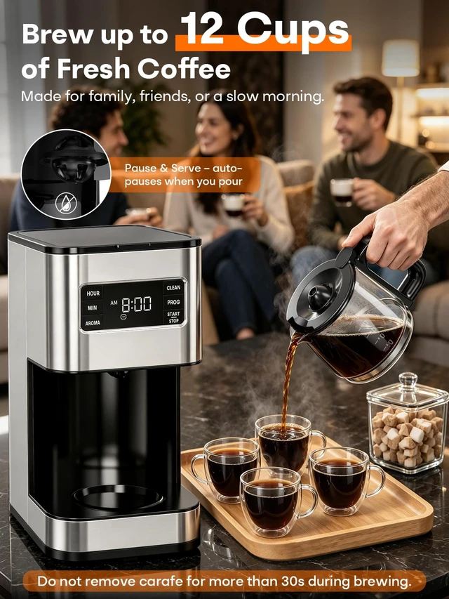Alt view image 2 of 7 - 12 Cup Drip Coffee Maker Programmable, Regular & Strong, LED Display | Pause & Serve, 2-Hour Keep Warm, Stainless Steel Housing, Heat Resistant Glass Carafe, Auto Shut Off, Reusable Filter, Silver