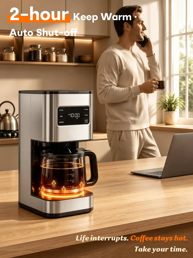 Alt view image 4 of 7 - 12 Cup Drip Coffee Maker Programmable, Regular & Strong, LED Display | Pause & Serve, 2-Hour Keep Warm, Stainless Steel Housing, Heat Resistant Glass Carafe, Auto Shut Off, Reusable Filter, Silver