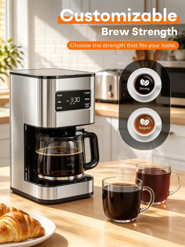 Alt view image 5 of 7 - 12 Cup Drip Coffee Maker Programmable, Regular & Strong, LED Display | Pause & Serve, 2-Hour Keep Warm, Stainless Steel Housing, Heat Resistant Glass Carafe, Auto Shut Off, Reusable Filter, Silver
