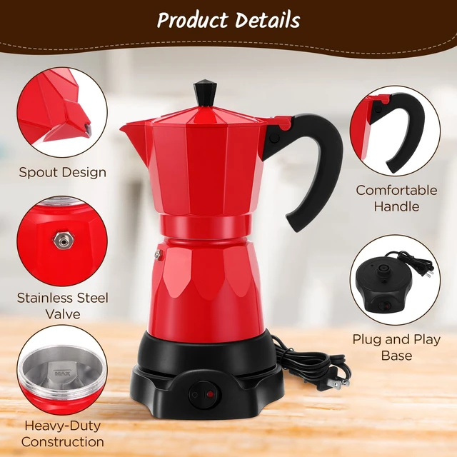 Alt view image 4 of 7 - Lemosae 6 Cup Electric Espresso Coffee Maker 300ml Aluminum,Red | Italian Coffee Pot Moka Maker, Portable Detachable Electric Base, Stovetop-free Operation for Home Travel, Holiday Gift