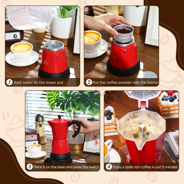 Alt view image 5 of 7 - Lemosae 6 Cup Electric Espresso Coffee Maker 300ml Aluminum,Red | Italian Coffee Pot Moka Maker, Portable Detachable Electric Base, Stovetop-free Operation for Home Travel, Holiday Gift