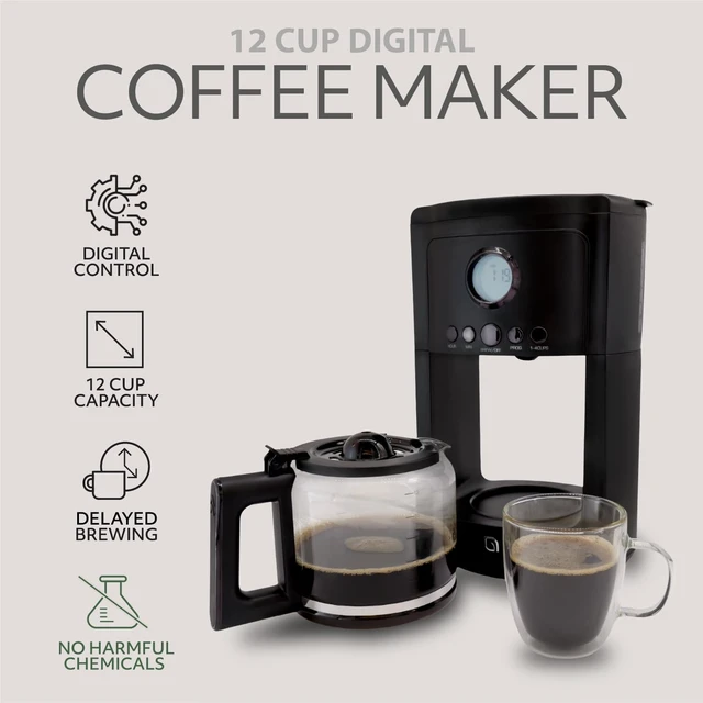Alt view image 2 of 7 - WILLOW 12-Cup Programmable Drip Coffee Maker with Glass Carafe Delay Brew Coffee Machine with Timer, 1-4 Cup Setting, Keep Warm, Auto Shut-Off & Reusable Filter, Coffee Pot - Black