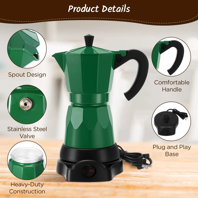 Alt view image 4 of 7 - Lemosae 6 Cup Electric Espresso Coffee Maker 300ml Aluminum,Dark Green | Italian Coffee Pot Moka Maker, Portable Detachable Electric Base, Stovetop-free Operation for Home Travel, Holiday Gift