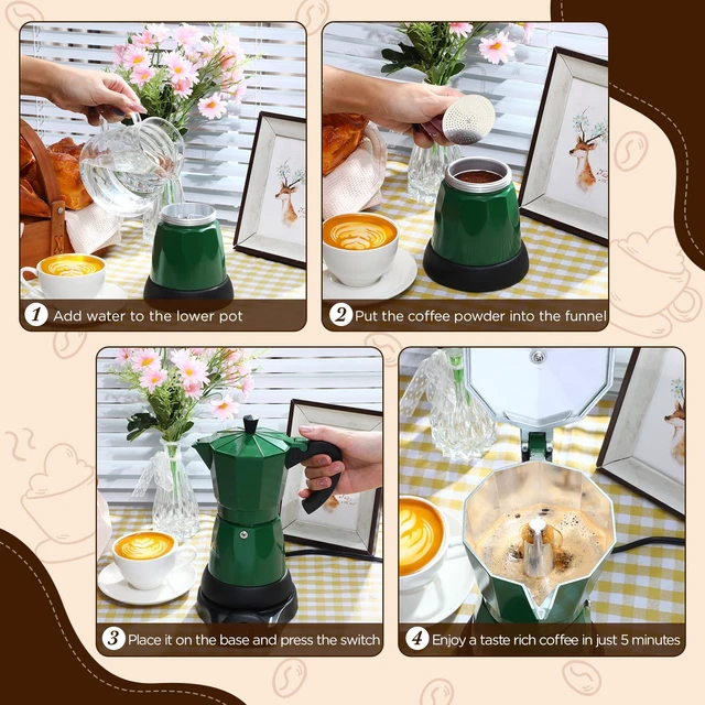Alt view image 5 of 7 - Lemosae 6 Cup Electric Espresso Coffee Maker 300ml Aluminum,Dark Green | Italian Coffee Pot Moka Maker, Portable Detachable Electric Base, Stovetop-free Operation for Home Travel, Holiday Gift