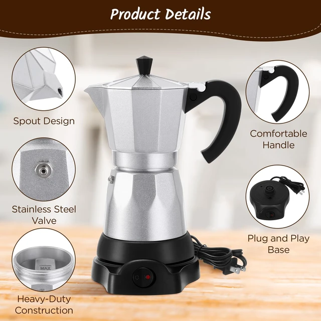 Alt view image 4 of 7 - Lemosae 6 Cup Electric Espresso Coffee Maker 300ml Aluminum,Silver | Italian Coffee Pot Moka Maker, Portable Detachable Electric Base, Stovetop-free Operation for Home Travel, Holiday Gift