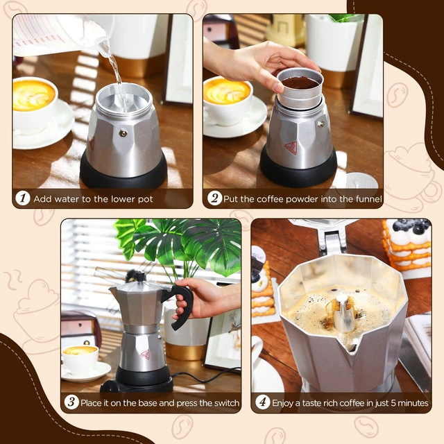 Alt view image 5 of 7 - Lemosae 6 Cup Electric Espresso Coffee Maker 300ml Aluminum,Silver | Italian Coffee Pot Moka Maker, Portable Detachable Electric Base, Stovetop-free Operation for Home Travel, Holiday Gift