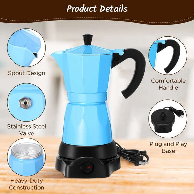 Alt view image 4 of 7 - Lemosae 6 Cup Electric Espresso Coffee Maker 300ml Aluminum,Blue | Italian Coffee Pot Moka Maker, Portable Detachable Electric Base, Stovetop-free Operation for Home Travel, Holiday Gift