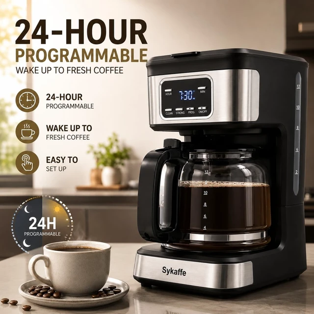 Alt view image 2 of 7 - Sykaffe 12 Cup Programmable Coffee Maker,Drip Coffee Maker with 60oz Tank | 24H Timer Brewing,Schedule coffee ahead with programmable settings,auto keep warm and shut off for fresh coffee anytime