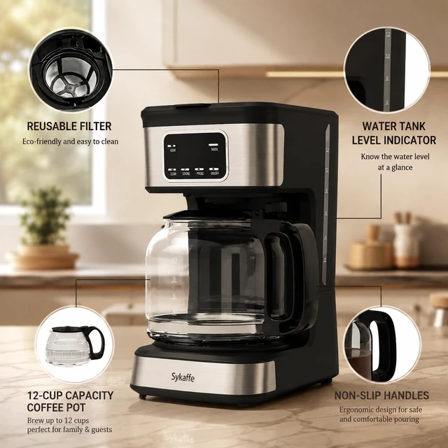 Alt view image 5 of 7 - Sykaffe 12 Cup Programmable Coffee Maker,Drip Coffee Maker with 60oz Tank | 24H Timer Brewing,Schedule coffee ahead with programmable settings,auto keep warm and shut off for fresh coffee anytime