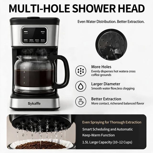 Alt view image 6 of 7 - Sykaffe 12 Cup Programmable Coffee Maker,Drip Coffee Maker with 60oz Tank | 24H Timer Brewing,Schedule coffee ahead with programmable settings,auto keep warm and shut off for fresh coffee anytime