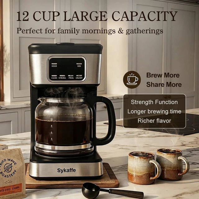 Alt view image 3 of 7 - Sykaffe 12 Cup Programmable Coffee Maker,Drip Coffee Maker with 60oz Tank | 24H Timer Brewing,Schedule coffee ahead with programmable settings,auto keep warm and shut off for fresh coffee anytime