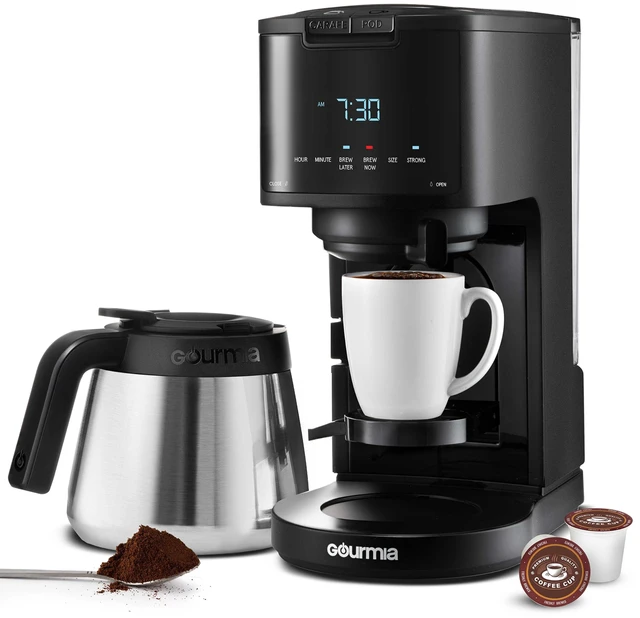 Main image of Gourmia Coffee Maker - 12-Cup & Single Serve, Thermal Carafe, Black | K-Cup & Ground Coffee Compatible, Digital Display with Brew Later, Strong Setting, Pause & Serve, Fold-Away Cup Shelf