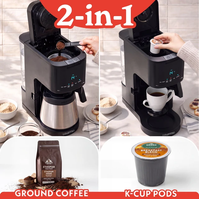 Alt view image 2 of 7 - Gourmia Coffee Maker - 12-Cup & Single Serve, Thermal Carafe, Black | K-Cup & Ground Coffee Compatible, Digital Display with Brew Later, Strong Setting, Pause & Serve, Fold-Away Cup Shelf