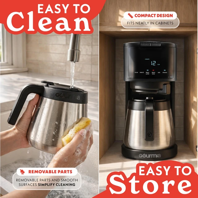 Alt view image 3 of 7 - Gourmia Coffee Maker - 12-Cup & Single Serve, Thermal Carafe, Black | K-Cup & Ground Coffee Compatible, Digital Display with Brew Later, Strong Setting, Pause & Serve, Fold-Away Cup Shelf