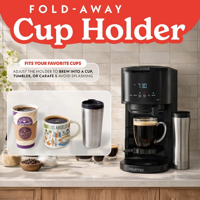 Alt view image 7 of 7 - Gourmia Coffee Maker - 12-Cup & Single Serve, Thermal Carafe, Black | K-Cup & Ground Coffee Compatible, Digital Display with Brew Later, Strong Setting, Pause & Serve, Fold-Away Cup Shelf