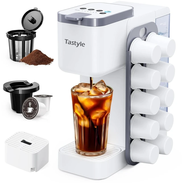 Main image of Tastyle Hot & Iced Coffee Maker with Magnetic K-Pod Holder, Fits 7.3'' Mug | Stores 10 Pods, for K Cup & Grounds, Compact for Home, Office & RV, Brew 6-24oz Coffee, 40 oz Removable Tank, K330CH, White