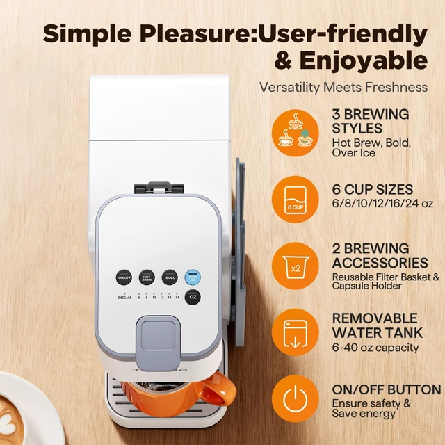 Alt view image 2 of 6 - Tastyle Hot & Iced Coffee Maker with Magnetic K-Pod Holder, Fits 7.3'' Mug | Stores 10 Pods, for K Cup & Grounds, Compact for Home, Office & RV, Brew 6-24oz Coffee, 40 oz Removable Tank, K330CH, White