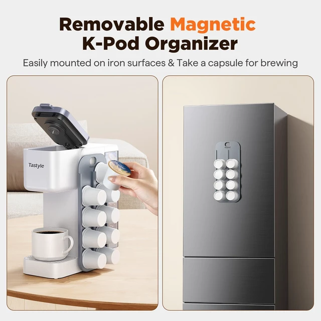 Alt view image 3 of 6 - Tastyle Hot & Iced Coffee Maker with Magnetic K-Pod Holder, Fits 7.3'' Mug | Stores 10 Pods, for K Cup & Grounds, Compact for Home, Office & RV, Brew 6-24oz Coffee, 40 oz Removable Tank, K330CH, White
