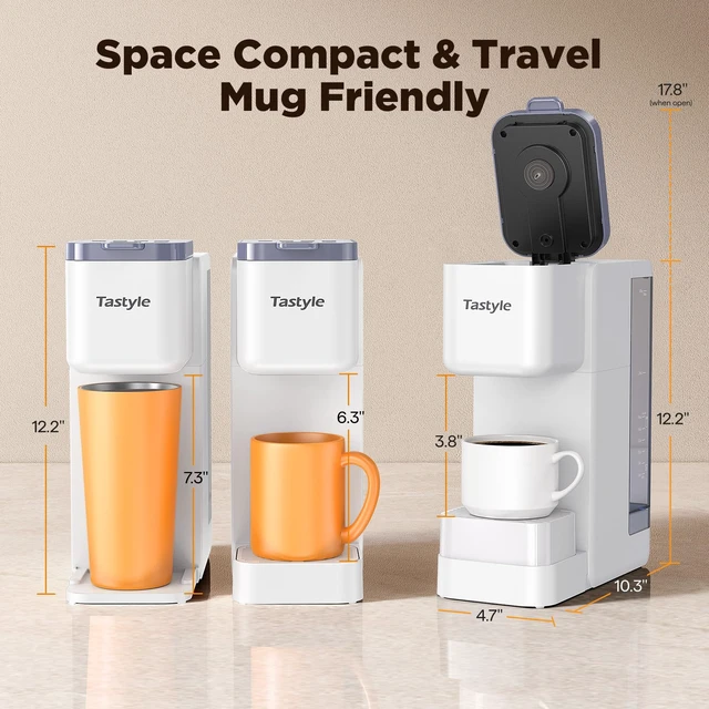 Alt view image 5 of 6 - Tastyle Hot & Iced Coffee Maker with Magnetic K-Pod Holder, Fits 7.3'' Mug | Stores 10 Pods, for K Cup & Grounds, Compact for Home, Office & RV, Brew 6-24oz Coffee, 40 oz Removable Tank, K330CH, White