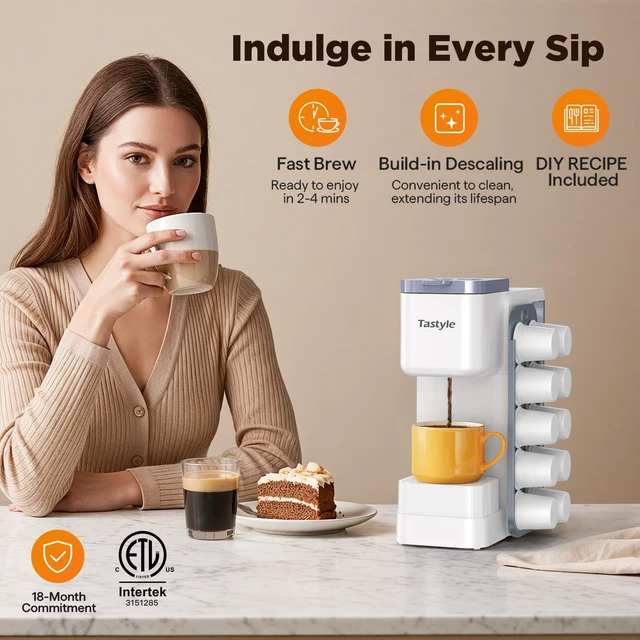 Alt view image 6 of 6 - Tastyle Hot & Iced Coffee Maker with Magnetic K-Pod Holder, Fits 7.3'' Mug | Stores 10 Pods, for K Cup & Grounds, Compact for Home, Office & RV, Brew 6-24oz Coffee, 40 oz Removable Tank, K330CH, White