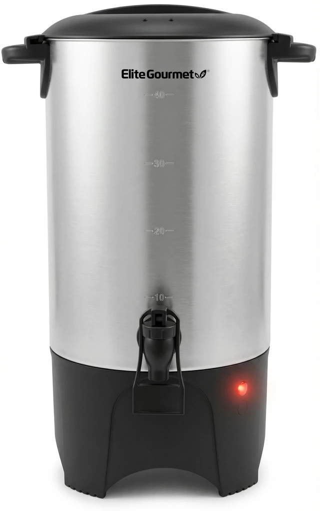 Main image of Elite Gourmet 40-Cup Coffee Brewer Urn, Two-Way Dispenser, Removable Filter | Cool-Touch, Hot Water, Stainless Steel, CCM040X
