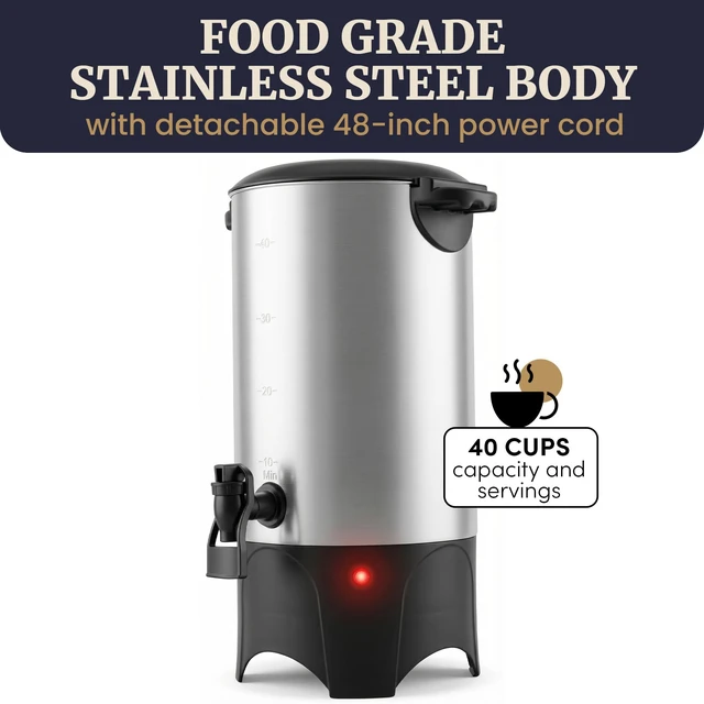 Alt view image 5 of 7 - Elite Gourmet 40-Cup Coffee Brewer Urn, Two-Way Dispenser, Removable Filter | Cool-Touch, Hot Water, Stainless Steel, CCM040X