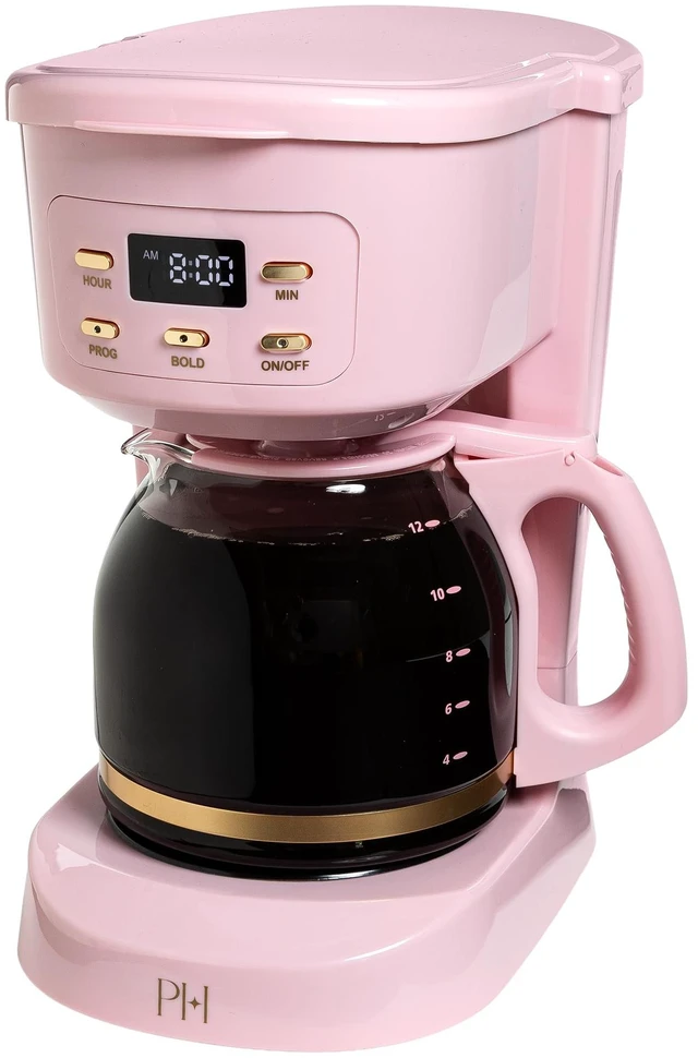 Main image of Paris Hilton Digital Coffee Maker, 12-Cup Programmable Drip Coffee Machine with Reusable Filter, Bold Brew, Auto Pause and Serve, Keep-Warm Plate, Glass Carafe, Pink