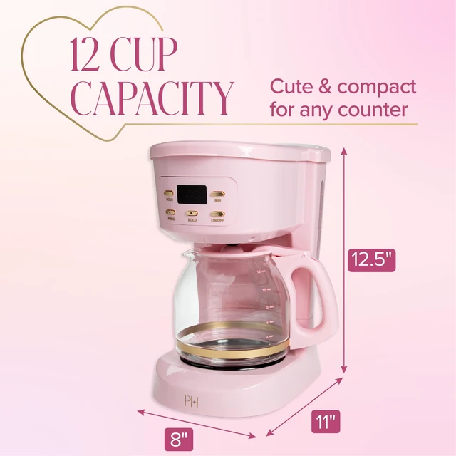 Alt view image 2 of 7 - Paris Hilton Digital Coffee Maker, 12-Cup Programmable Drip Coffee Machine with Reusable Filter, Bold Brew, Auto Pause and Serve, Keep-Warm Plate, Glass Carafe, Pink