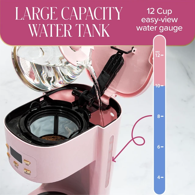 Alt view image 3 of 7 - Paris Hilton Digital Coffee Maker, 12-Cup Programmable Drip Coffee Machine with Reusable Filter, Bold Brew, Auto Pause and Serve, Keep-Warm Plate, Glass Carafe, Pink