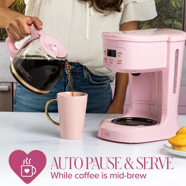 Alt view image 4 of 7 - Paris Hilton Digital Coffee Maker, 12-Cup Programmable Drip Coffee Machine with Reusable Filter, Bold Brew, Auto Pause and Serve, Keep-Warm Plate, Glass Carafe, Pink