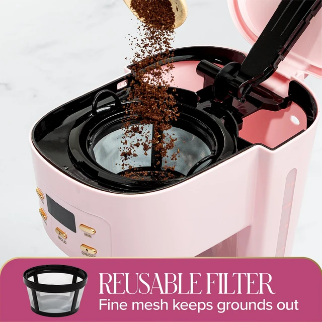 Alt view image 5 of 7 - Paris Hilton Digital Coffee Maker, 12-Cup Programmable Drip Coffee Machine with Reusable Filter, Bold Brew, Auto Pause and Serve, Keep-Warm Plate, Glass Carafe, Pink