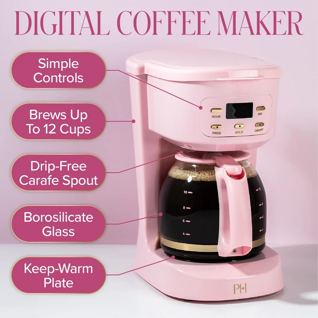 Alt view image 6 of 7 - Paris Hilton Digital Coffee Maker, 12-Cup Programmable Drip Coffee Machine with Reusable Filter, Bold Brew, Auto Pause and Serve, Keep-Warm Plate, Glass Carafe, Pink