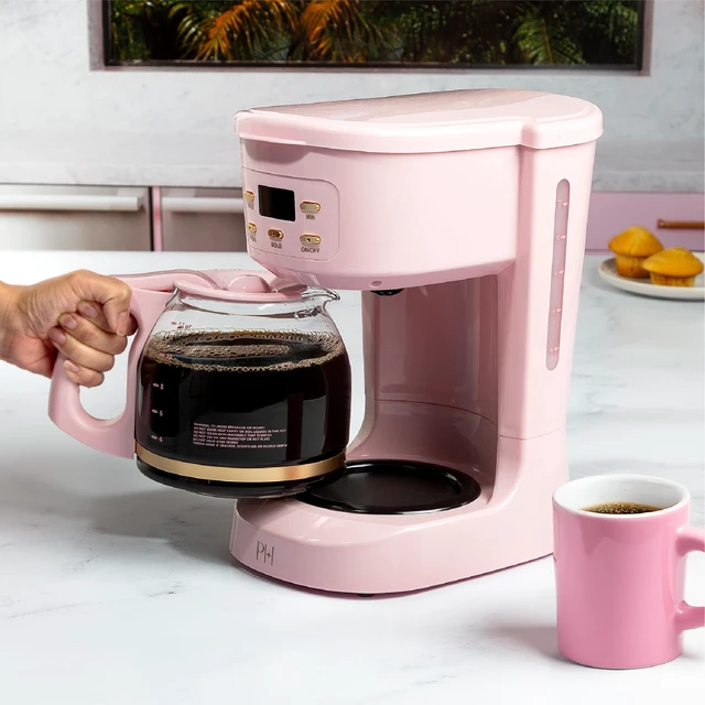 Alt view image 7 of 7 - Paris Hilton Digital Coffee Maker, 12-Cup Programmable Drip Coffee Machine with Reusable Filter, Bold Brew, Auto Pause and Serve, Keep-Warm Plate, Glass Carafe, Pink