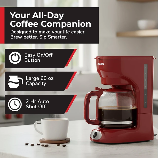 Alt view image 2 of 7 - MUELLER HOME 12-Cup Red Coffee Maker | Borosilicate Carafe, Auto-Off, Reusable Filter, Anti-Drip, Keep-Warm Function