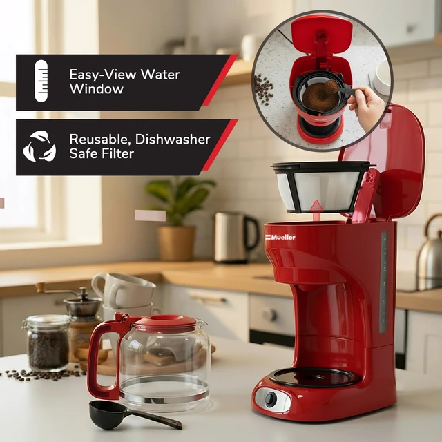 Alt view image 5 of 7 - MUELLER HOME 12-Cup Red Coffee Maker | Borosilicate Carafe, Auto-Off, Reusable Filter, Anti-Drip, Keep-Warm Function