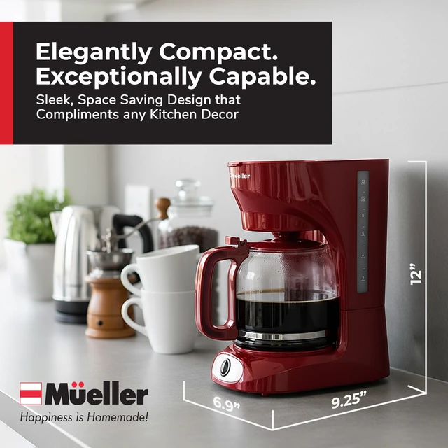 Alt view image 7 of 7 - MUELLER HOME 12-Cup Red Coffee Maker | Borosilicate Carafe, Auto-Off, Reusable Filter, Anti-Drip, Keep-Warm Function