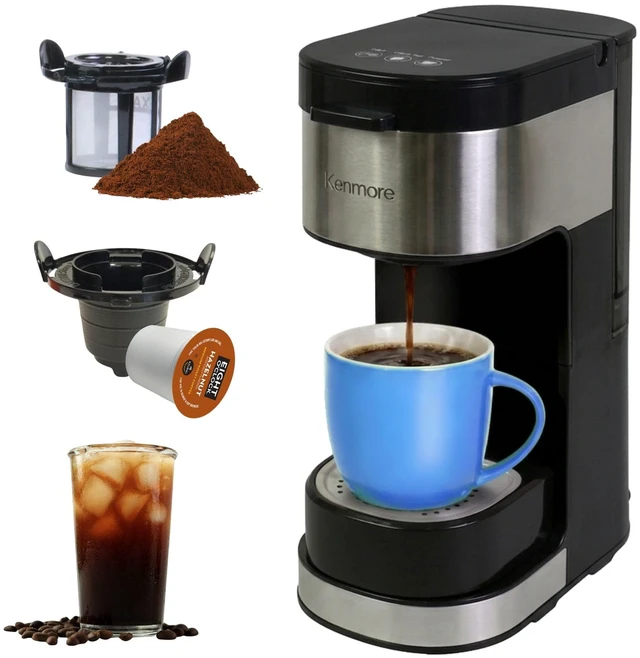 Main image of Koolatron Kenmore Single Serve Coffee Maker with Travel Mug, Black | 612 Oz Brew Sizes, Compatible with Keurig KCup Pods & Ground Coffee, One Cup Brewer, Hot & Iced Machine
