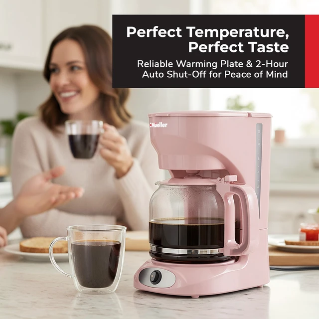 Alt view image 3 of 7 - MUELLER HOME 12-Cup Pink Coffee Maker | Borosilicate Carafe, Auto-Off, Reusable Filter, Anti-Drip, Keep-Warm Function