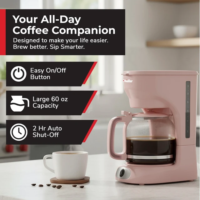 Alt view image 2 of 7 - MUELLER HOME 12-Cup Pink Coffee Maker | Borosilicate Carafe, Auto-Off, Reusable Filter, Anti-Drip, Keep-Warm Function