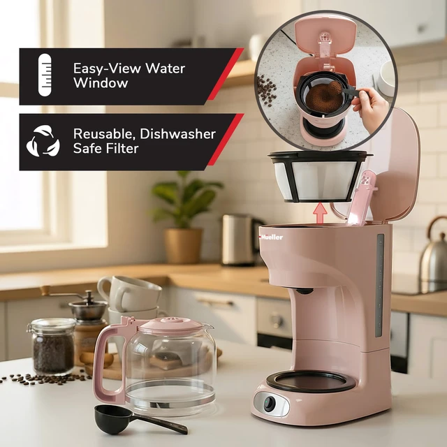 Alt view image 5 of 7 - MUELLER HOME 12-Cup Pink Coffee Maker | Borosilicate Carafe, Auto-Off, Reusable Filter, Anti-Drip, Keep-Warm Function