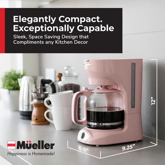 Alt view image 7 of 7 - MUELLER HOME 12-Cup Pink Coffee Maker | Borosilicate Carafe, Auto-Off, Reusable Filter, Anti-Drip, Keep-Warm Function