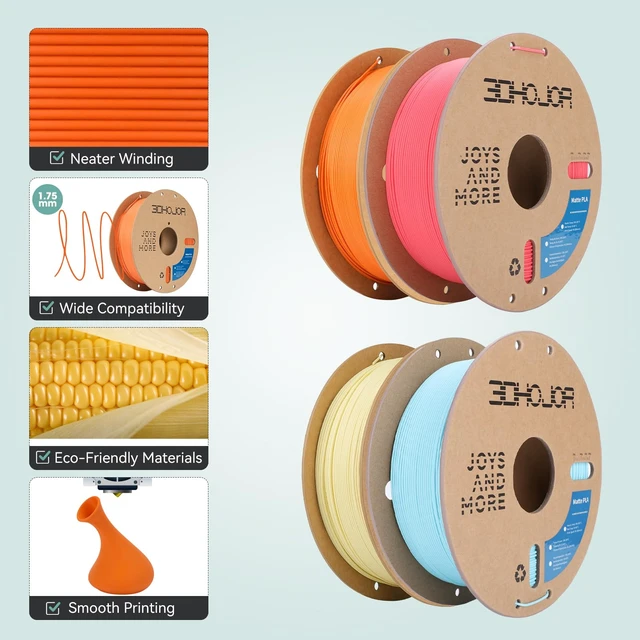 Alt view image 4 of 7 - 3DHoJor Matte PLA 3D Printing Filament 4 Pack, 4KG | Strawberry red+Light Blue+Almond Yellow+Tangerine